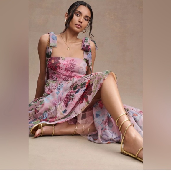 NEW Anthropologie BHLDN Isabella Floral Tiered Square Neck Midi Dress Pink - Picture 2 of 9